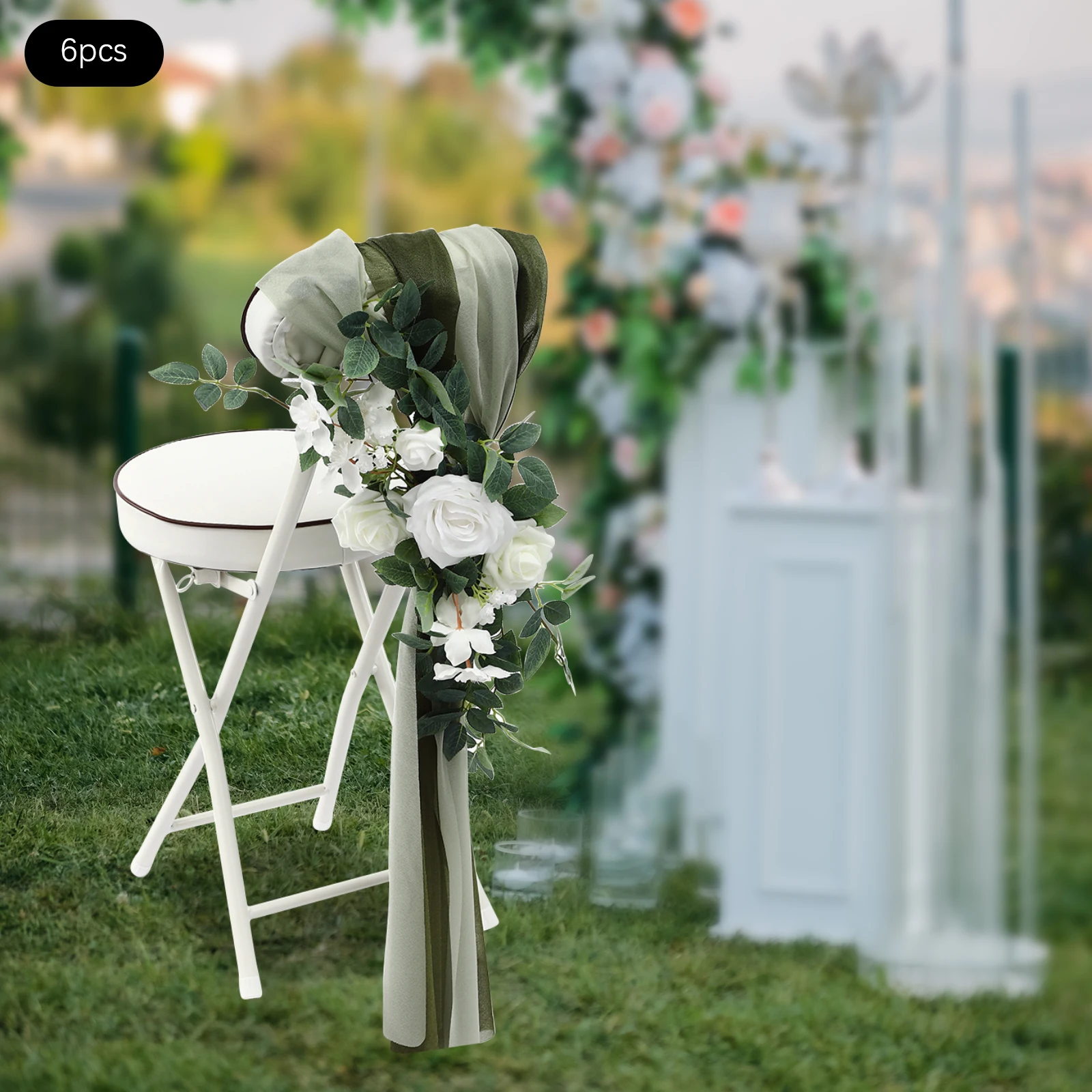 6PCS Wedding Chair Decorations Artificial White Roses with Flowing Fabric 98.43 Inch Draping DIY Flexible Installation for Ceremony Reception Banquet Party Engagement