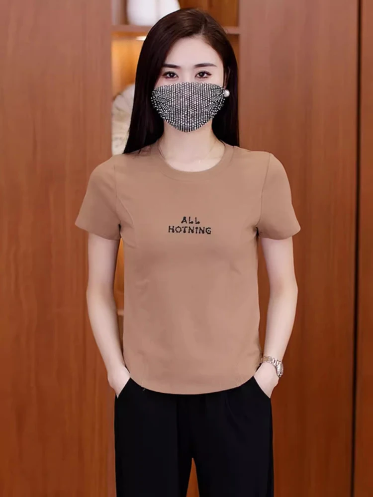 New Women Summer Short Loose Fit T-shirt Fashion O-Neck Short Sleeve Letter Print Tees Simplicity Casual Basic T-shirt