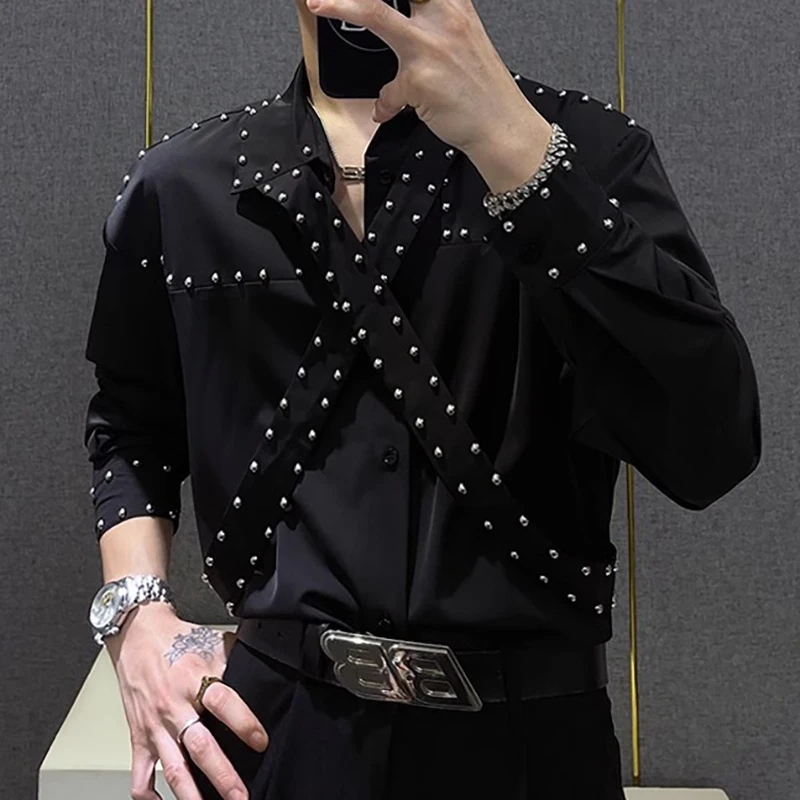 Nail Bead Stitching Shirt Men\'s Camisa Social Masculina 2024 Trend Brand Fashion Black White Belt Multiple Wearing Styles Shirts