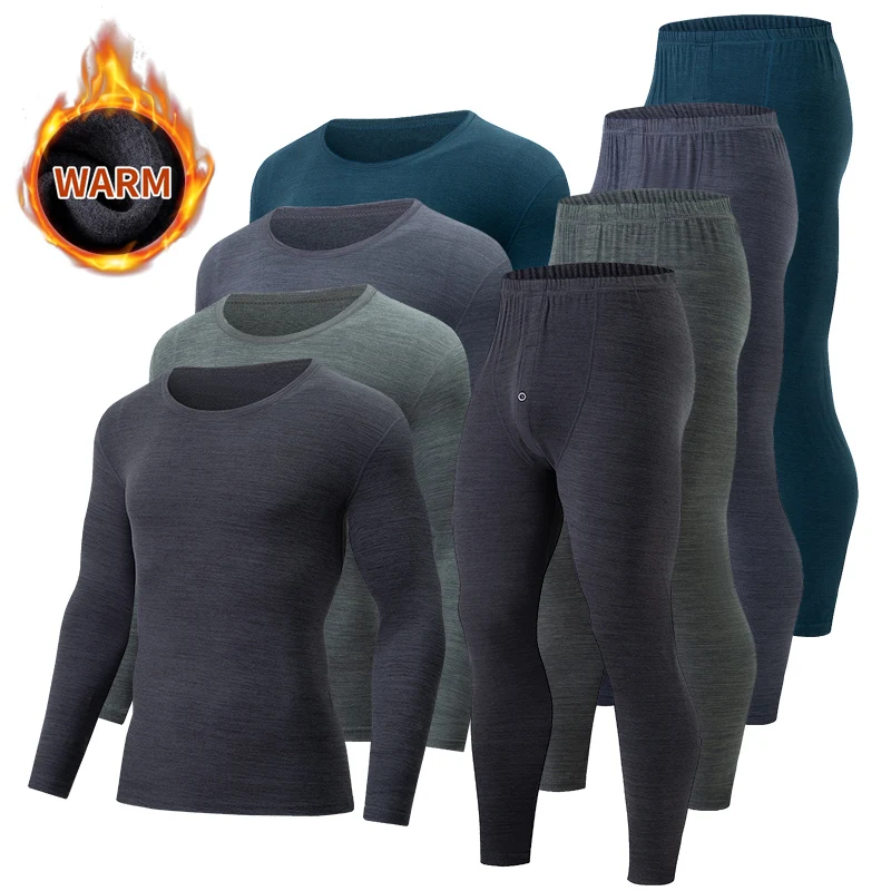 

2-Pcs Autumn/Winter Men's Solid Color Colorful Fabric Warm Base Set Comfortable and Casual Youth Round Neck Top Versatile Pants