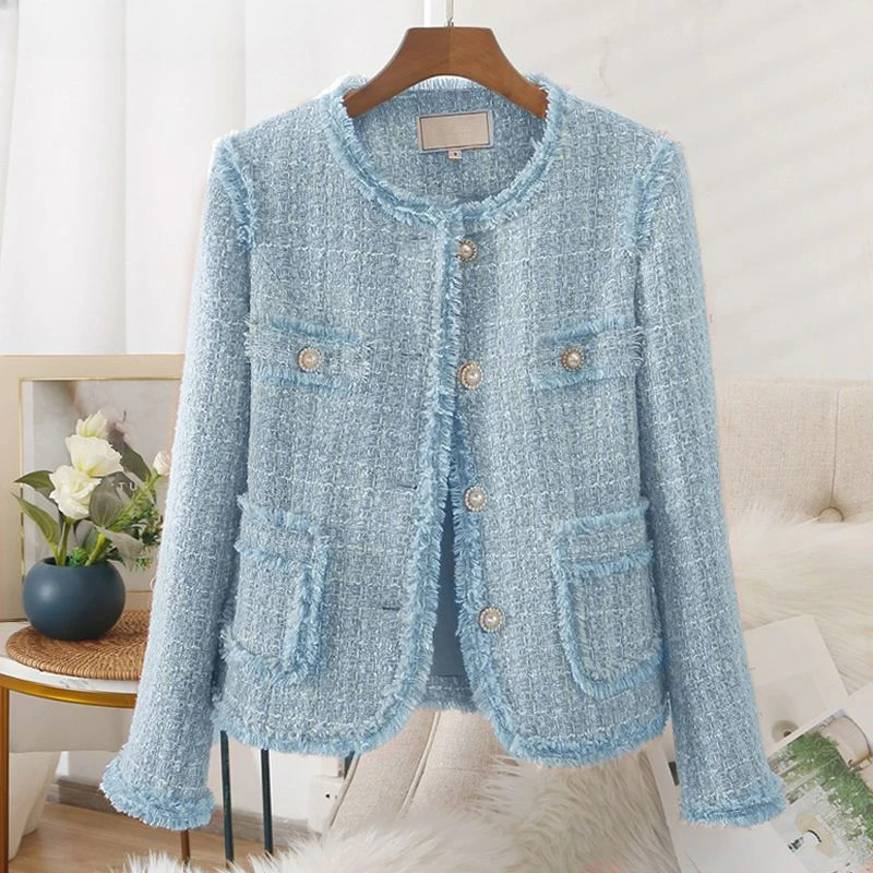 Small Fragrant Wind Short Jacket for Women, Round Neck, High-Grade, Leisure Tweed Outcoat, Versatile Outerwear, Spring and Autum