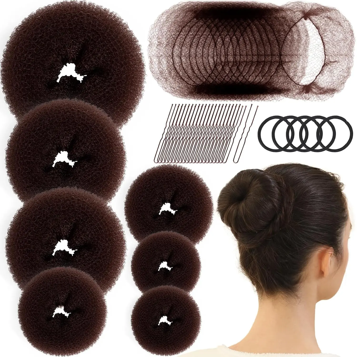 

7PCS Hair Bun Maker Set with Nets & Pins - Extra Large to Small Donuts, Brown, Nylon