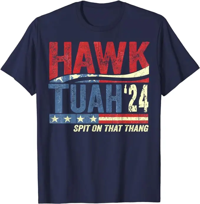 Hawk Tuah 24 liah pada Thang T-Shirt US bendera Amerika cetak grafis atasan huruf dicetak mengatakan Tee lengan pendek blus hadiah