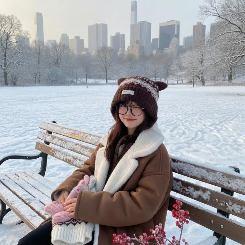 Knitted Cat Ear Beanie With Fleece Lining Face Slimming Effect Suitable For Winter Daily Wear Cold Outdoor Activities