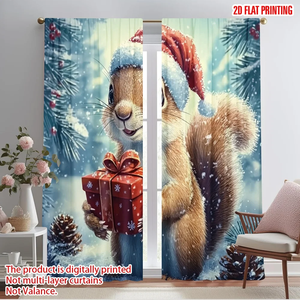 2pcs,2D plane printing Curtain Popular Cute Squirrel Christmas Gift (2) Polyester Fabric (without rod) All Seasons for Living