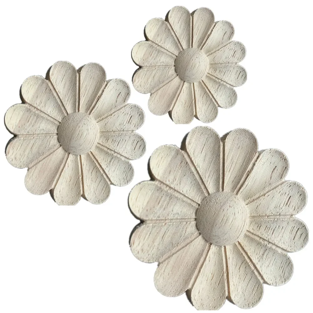 1PC 5-7cm Carved Flower Carving Round Wood Appliques for Furniture Cabinet Unpainted Wooden Mouldings Decal Decorative Figurine