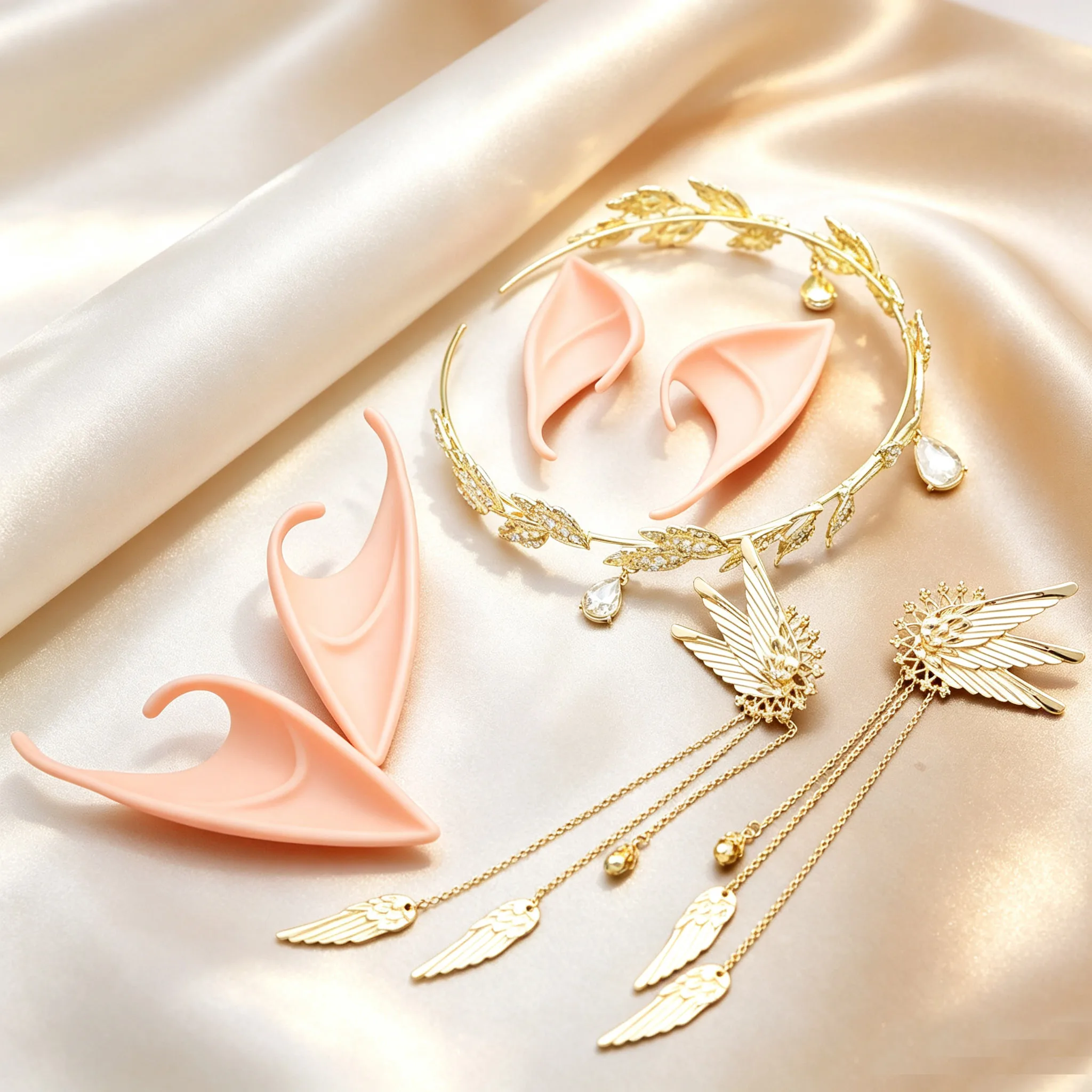 Halloween Anime Elf Princess Crown Cosplay Party Accessories Fairy Ear Earrings Cuffs Wrap Clips Pixie Elven Wings Tassel Chain