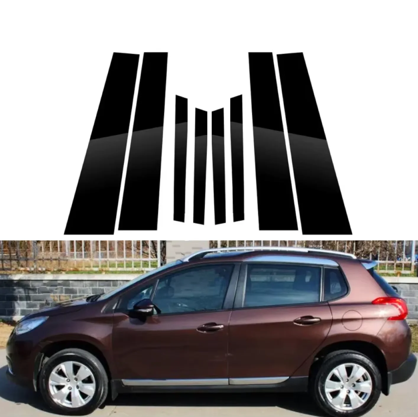 8PCS Glossy Black Pillar Posts Fit For  Peugeot 2008 2014 2015 2016 2017-2019  Window Door Column B C Pillar Post Cover Trim