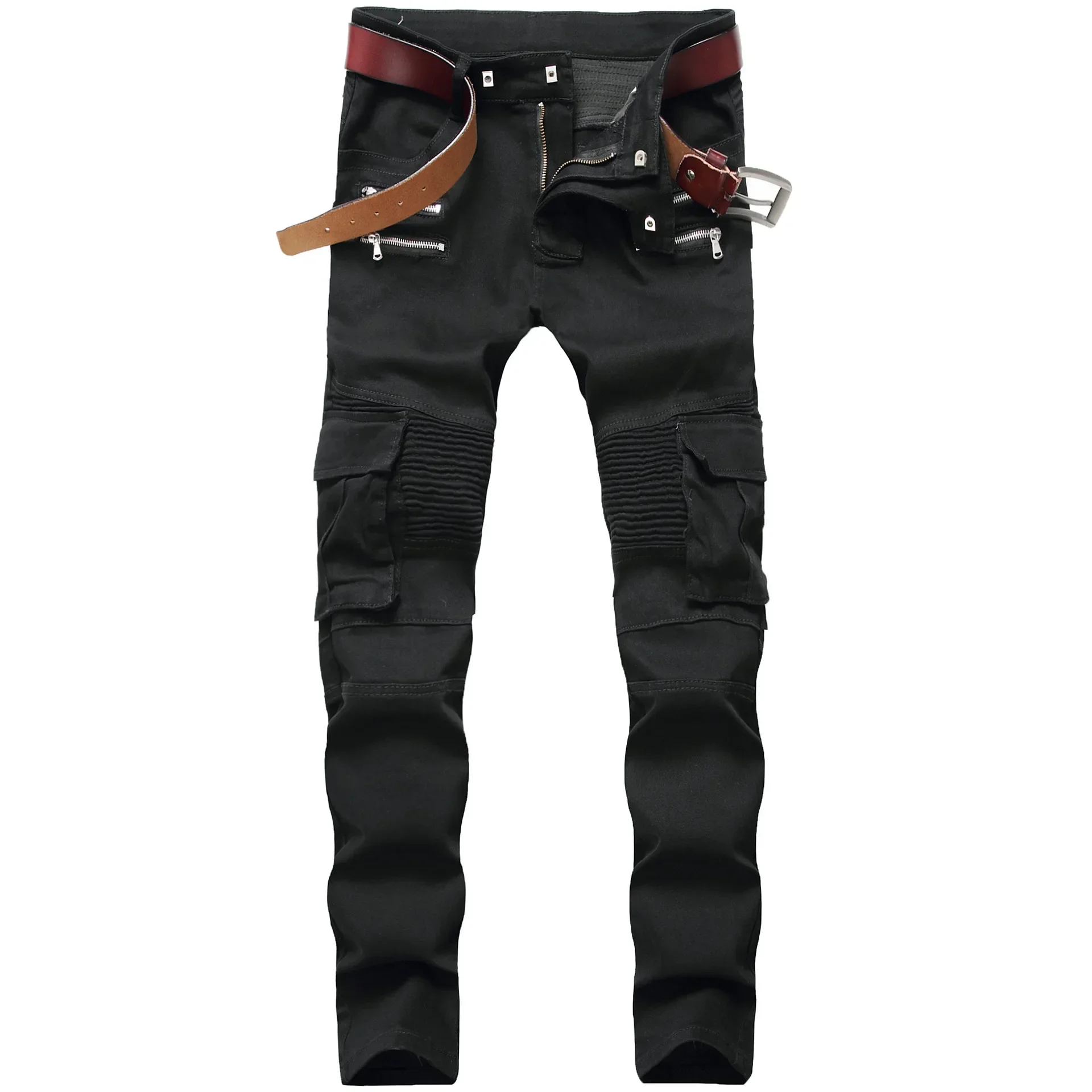 Calças jeans plissadas de motocicleta para homens, jeans skinny com zíper, calças finas para motociclista moto, preto, venda quente, moda