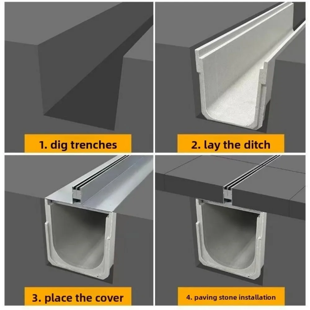 Resin Drainage Gutter Heavy Duty U-shaped Groove Finished Drainage Ditch Single Row Grate Stainless Steel Cover Linear Drain