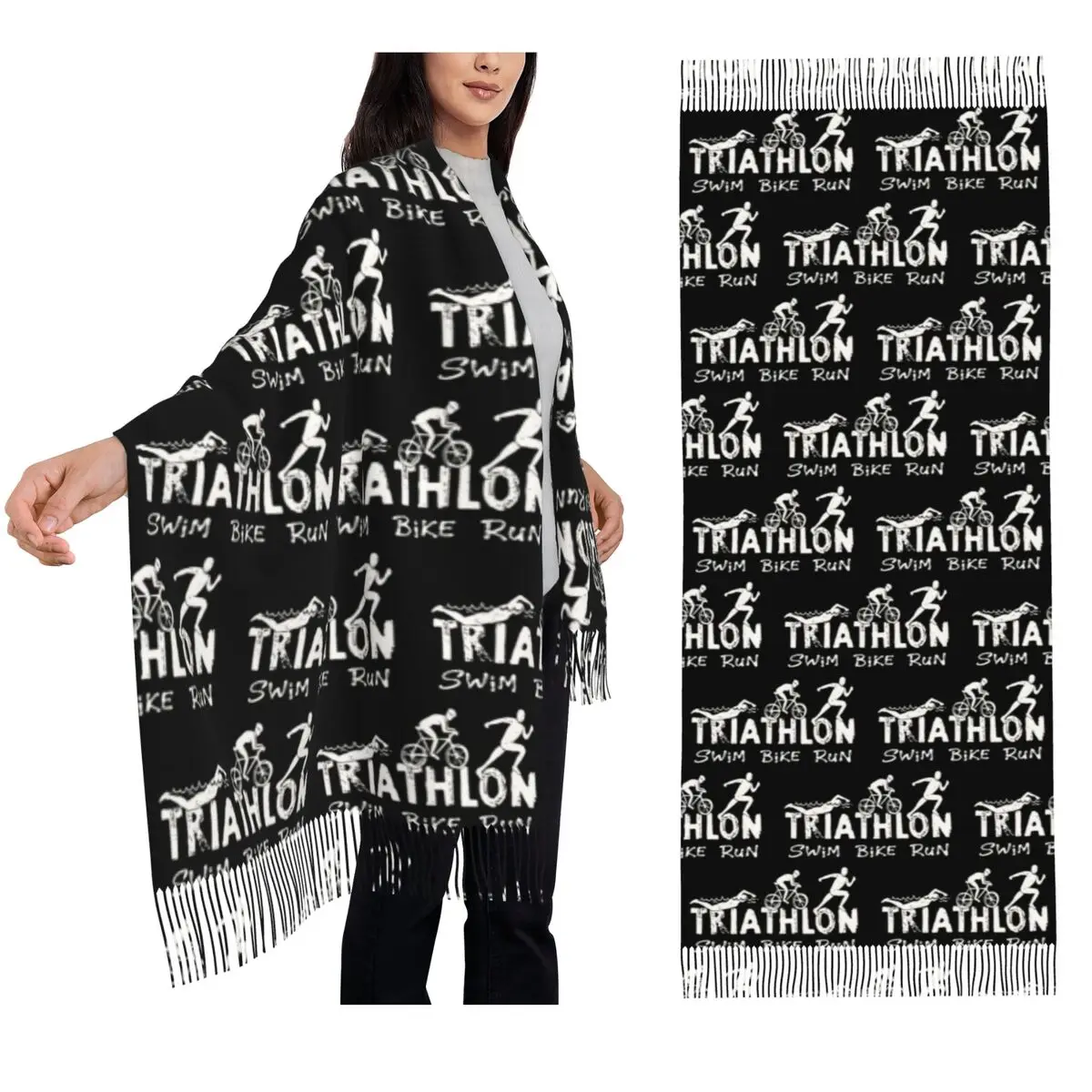 Triathlon Swim Bike Run Athlete Scarf Tassel Scarves Women Soft Warm Shawls and Wraps Long Fall Winter Shawl Wrap