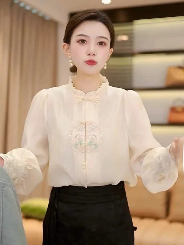 

New Chinese Sle Button up Silk Chiffon irt for Commuting Anti-Aging Slimming Faionable Long Sve Autumn Top