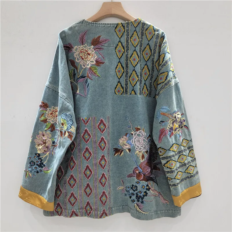HKSH printemps automne nouvelles femmes veste en jean lourd artisanat broderie simple boutonnage Vintage Style chinois élégant Chic manteau HK16167