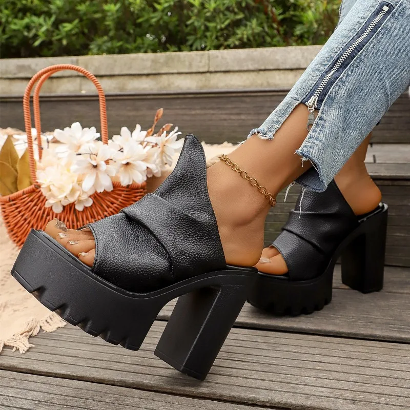 Summer New Women's Party Hot-Selling Thick-Platform, Waterproof, Super High Chunky Heel Closed-Toe PU Flats view 4