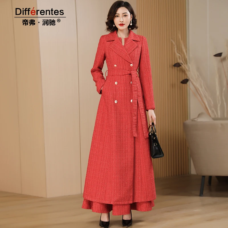 

Plaid New Trench Women Winter Coat Orange X-Long Jacket Double Breasted Turn-down Collar Outwear Office Lady Skirt Hem with Belt