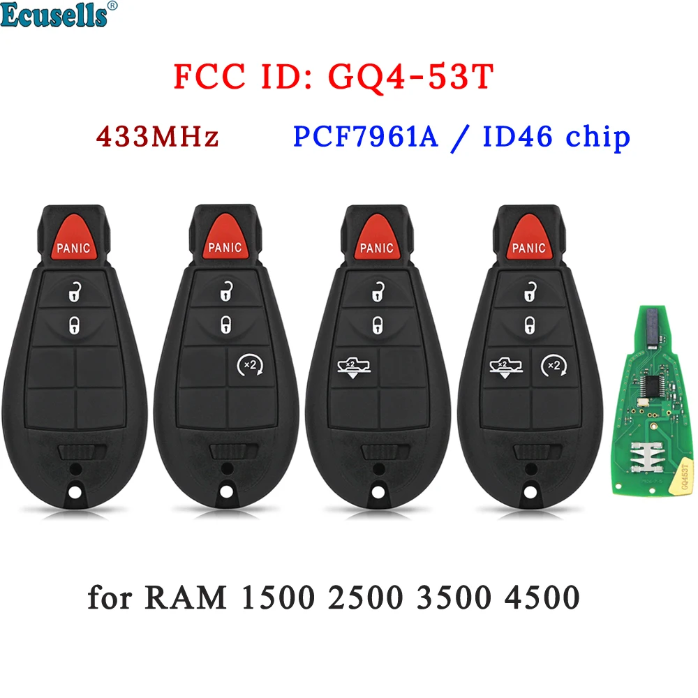 

3/4/5 Buttons Remote Key Fob 433mhz PCF7961A ID46 Chip for Dodge RAM 1500 2500 3500 2013-2018 with Remote Start Fobik GQ4-53T