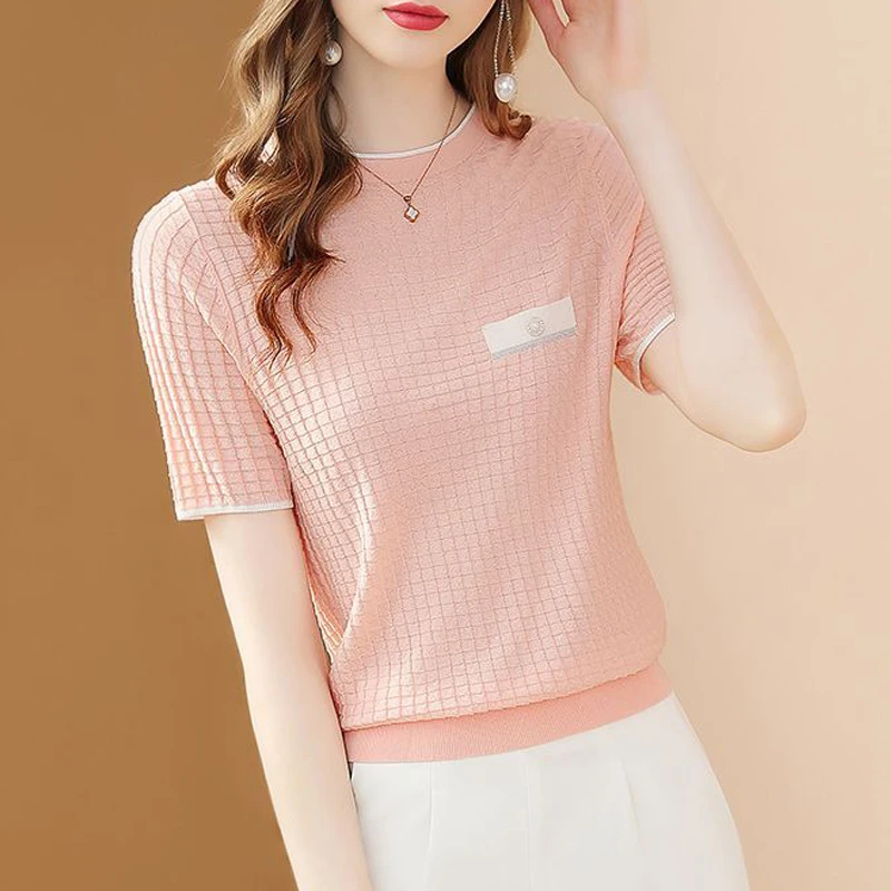 Women Korean Fashion Elegant Contrast Color Short Sleeve Knitted T Shirt 2024 Summer O Neck Slim Sweet Chic Tops Ropa De Mujer