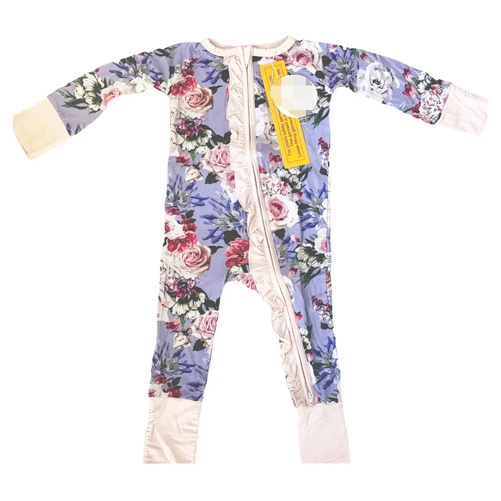 Infant Toddler Clothes Soft Bamboo Viscose Spandex Baby Zipper Convertible Foot Romper with Ruffle