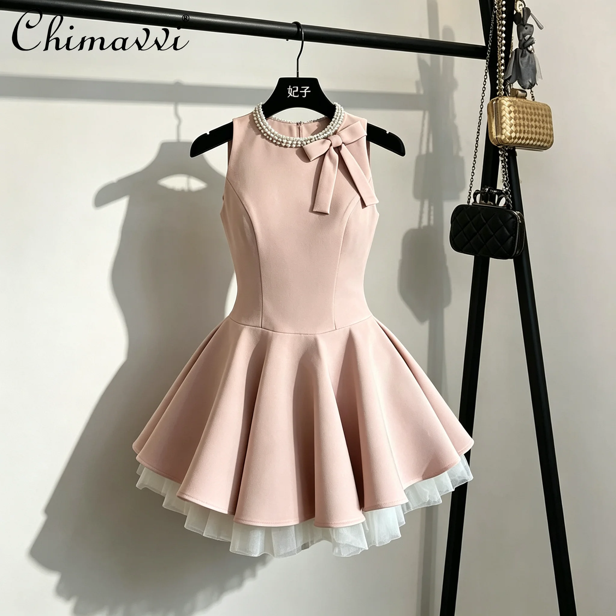 

2026 Summer French Elegant Socialite Princess Birthday Party Dress Beaded Round Neck Bow Sleeveless High-Waist Puffy Dress Women