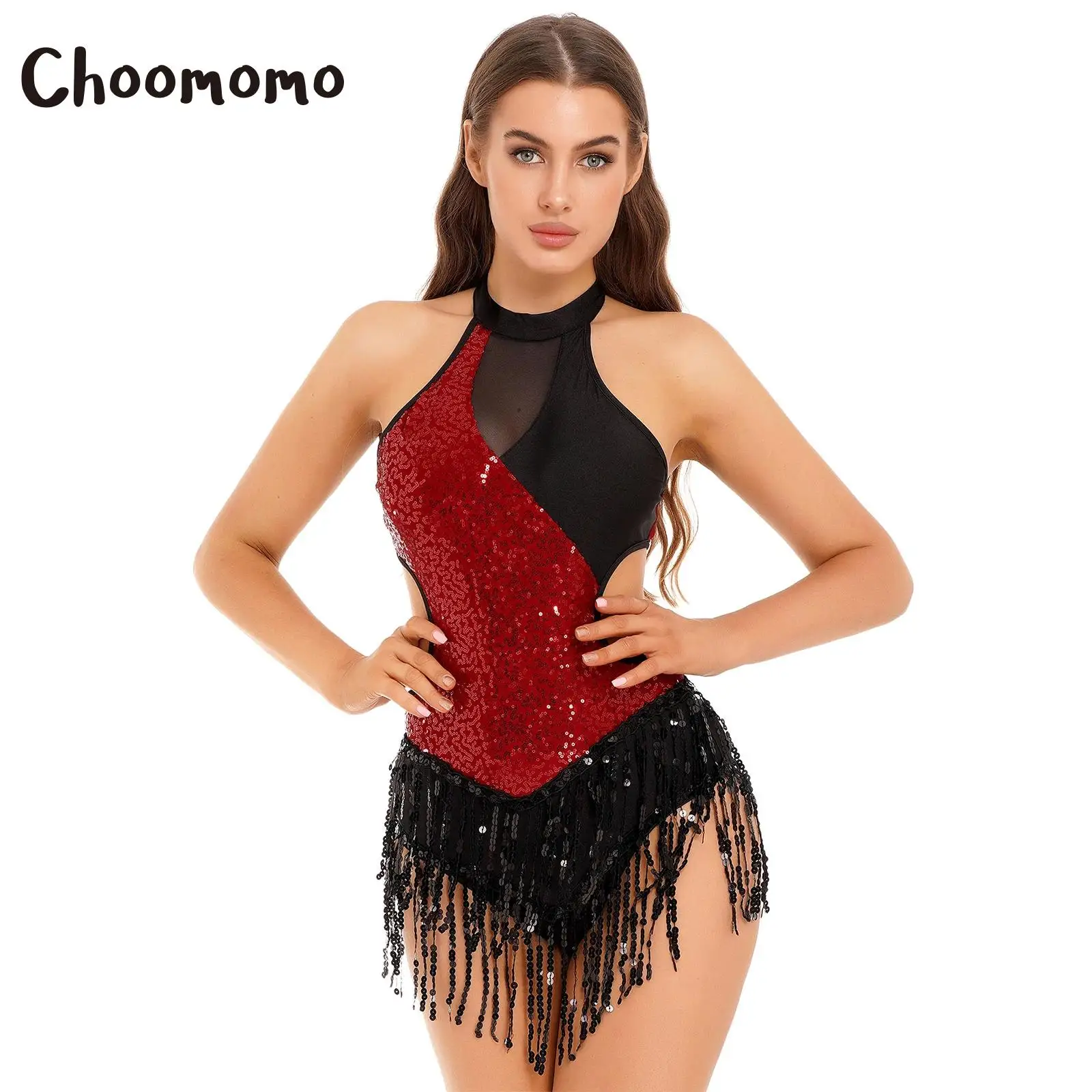 Womens Sequins Tassel Fringe Flapper Latin Dance Dress Leotard Sparkly Salsa Rumba Samba Cha-Cha Jazz Ballroom Dancing Costume