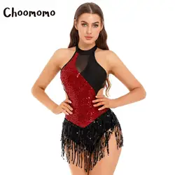 Vestido de baile latino Flapper con flecos y lentejuelas para mujer, leotardo brillante para Salsa, Rumba, Samba, cha-cha, Jazz, disfraz de baile de salón