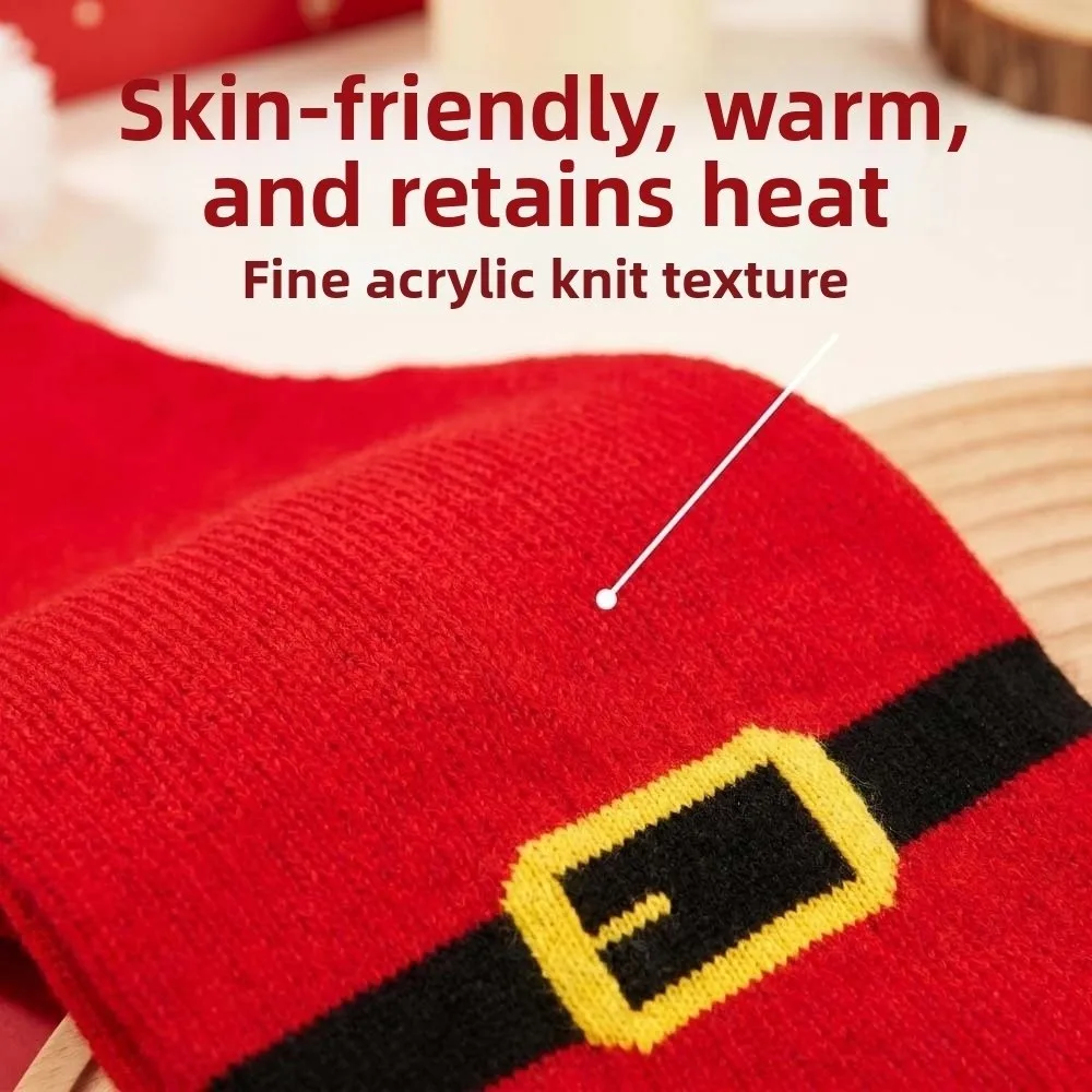 Thermal Yarn Christmas Hat Scarf Striped Pattern Plush Pom Knitted Holiday Scarf Elastic Fit Snowflake Print Santa Claus Beanie