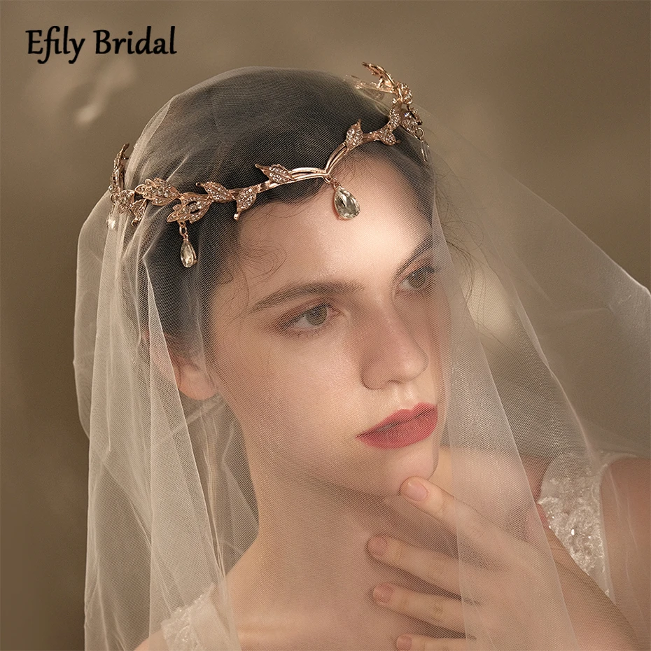 Efily Luxury Crystal Crown Wedding Hair Accessories Bridal Waterdrop Leaf Tiara Crown Rhinestone Bride Frontlet Hair Jewelry