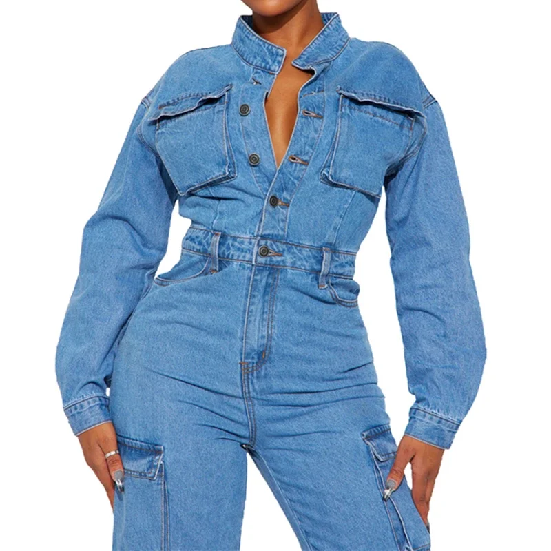 Light Blue Sleeves Cargo Pockets Elastic Long Denim Jumpsuit Women Sexy Front Open Jean Woman Overalls Loose Flare Pants Elegant