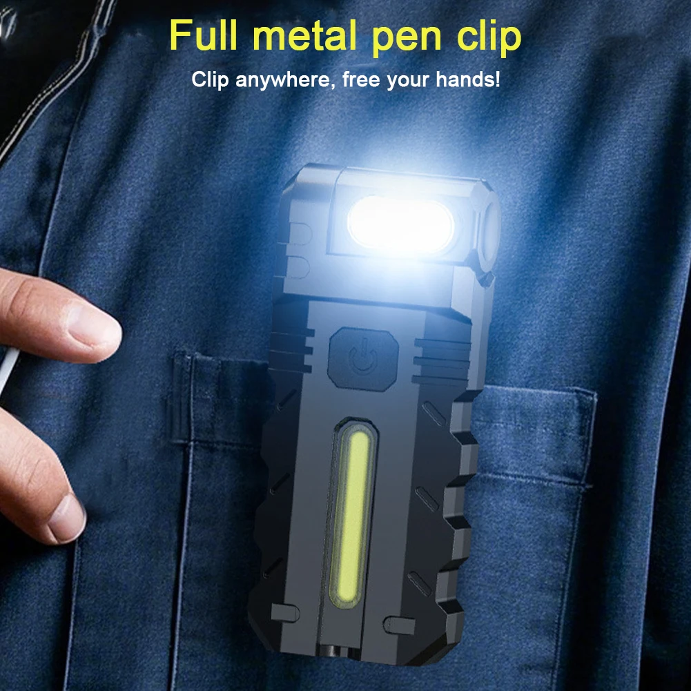 Magnetic LED Flashlight Compact Torch USB Rechargeable EDC Pocket Flashlight Waterproof Flat Flashlight for Outdoor Emergency