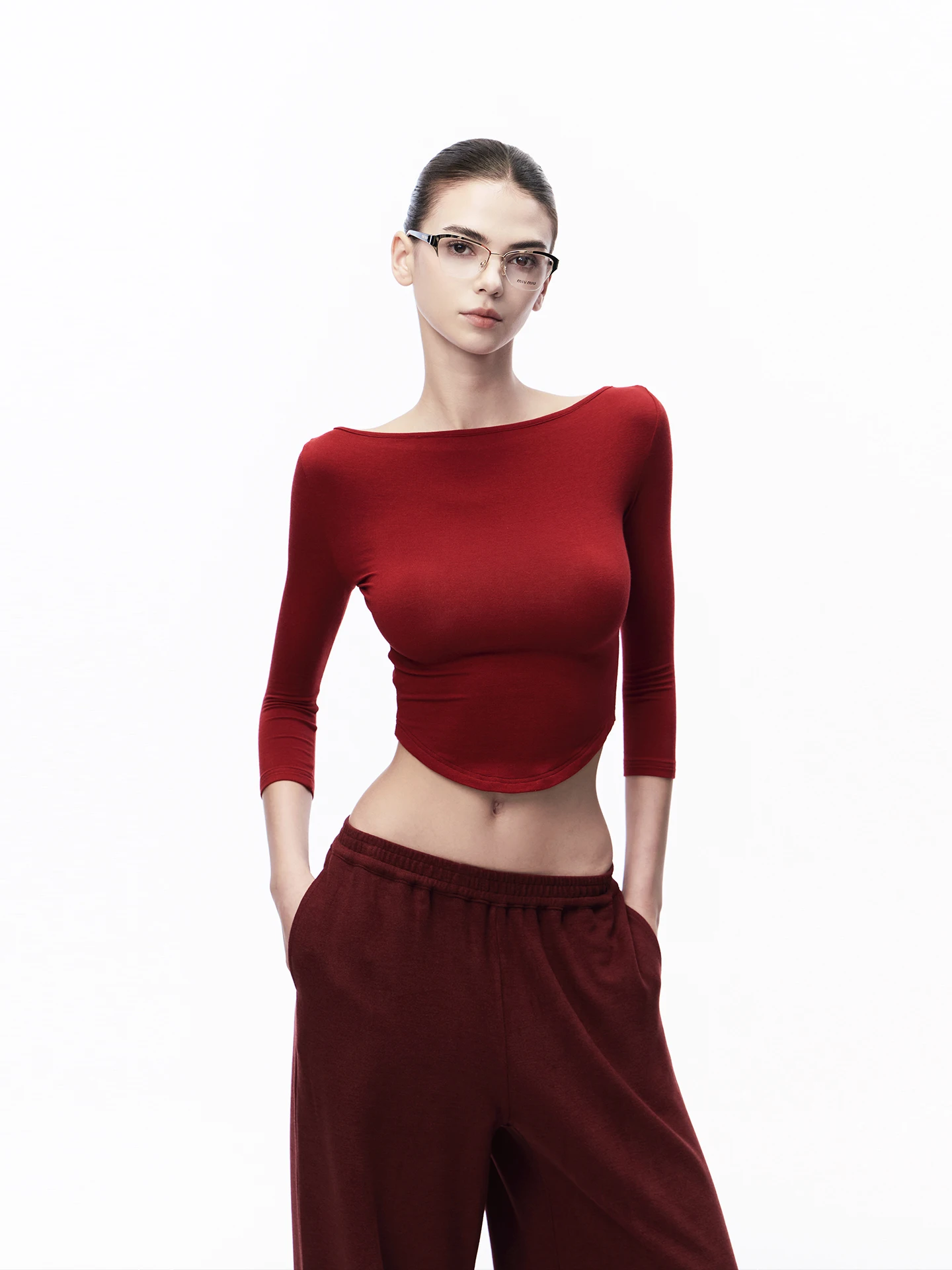 JLAUNT Red Long Sleeve Women's T-shirt Summer Slim Fit Short Style Base Layer Shirt American Hot Girl Top Seven-Quarter Sleeve