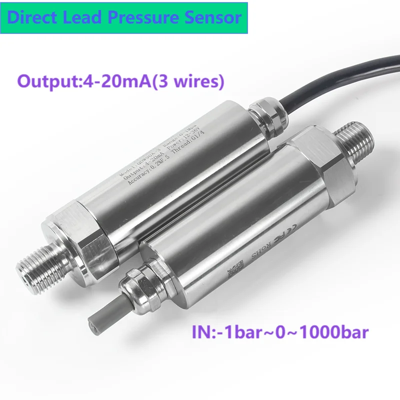 4-20mA 3wires Direct Lead Pressure Sensor Transmitter M20*1.5 G1/4 NPT1/2 NPT1/4 Pressure Transducer 200bar 100bar 50bar 5bar