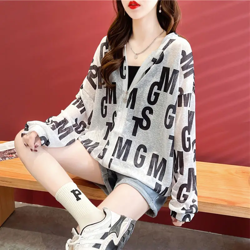 

Women's Jacket Hooded Blouse for Woman Woman Clothing Lettering Loose-fitting Cardigans Breathable Sunwear Thin New Summer