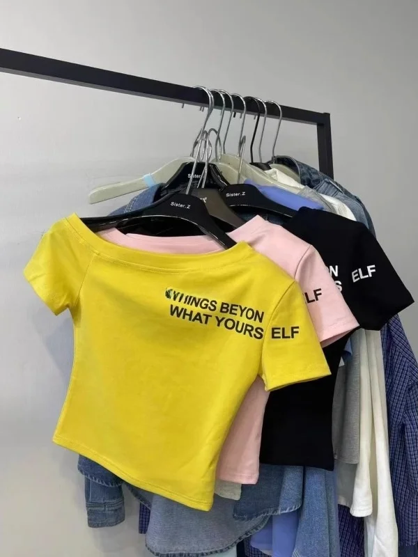 

American Sle ort Sve T-irt Women's Summer New Letter Print Slim Design oulder Exposure Sexy Top Korean Sle Commute