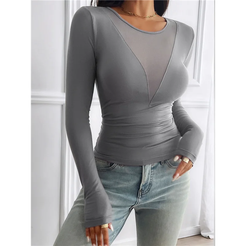 

【SEE】Women Long Sleeve Mesh Deep V Neck Tight Fitted Shirts For Women 2025 Fashion Y2K Shirts