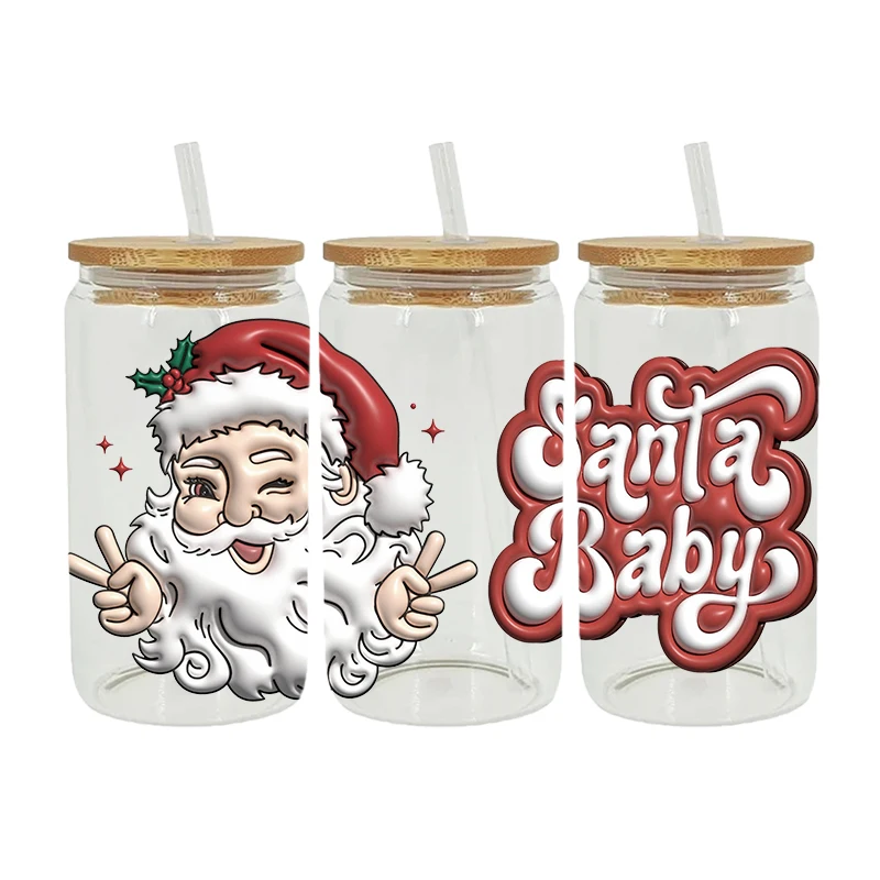 Christmas Theme UV DTF Cup Wraps Transfer Sticker For Glass Libbey Can Bottle Selfadhesive Washable DIY Custom D3648