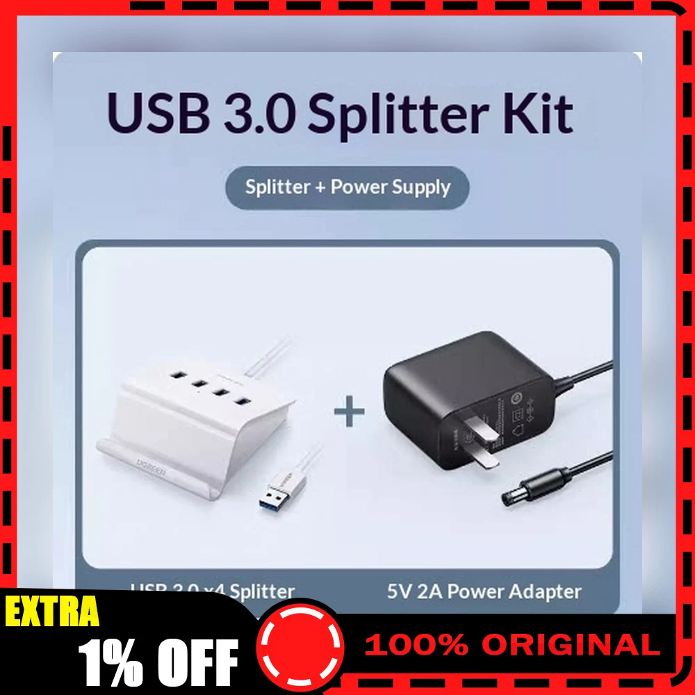 UGREEN 40441 1.5m USB 3.0 4 Port Hub Splitter with Power Adapter USB Expansion for Laptop Desktop Computer