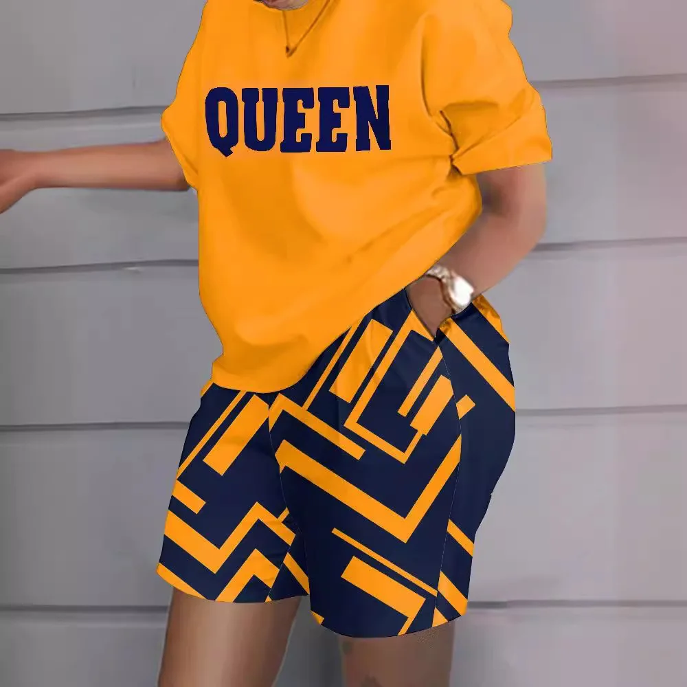 2025 Women Casual Short Sleeve Two Piece Sets Women Outfit 2025 Summer Printed Pocket Suit Female T Shirt Shorts 2 Pieces Set image 2