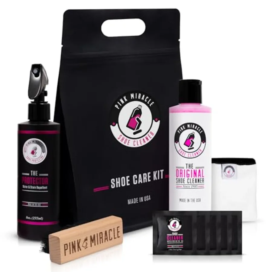 

Набор для ухода за обувью Pink Miracle - 8 унций. Спрей-репеллент для обуви и кроссовок The Protector, чистящие салфетки для обуви, щетка для чистки обуви, 5 шт.