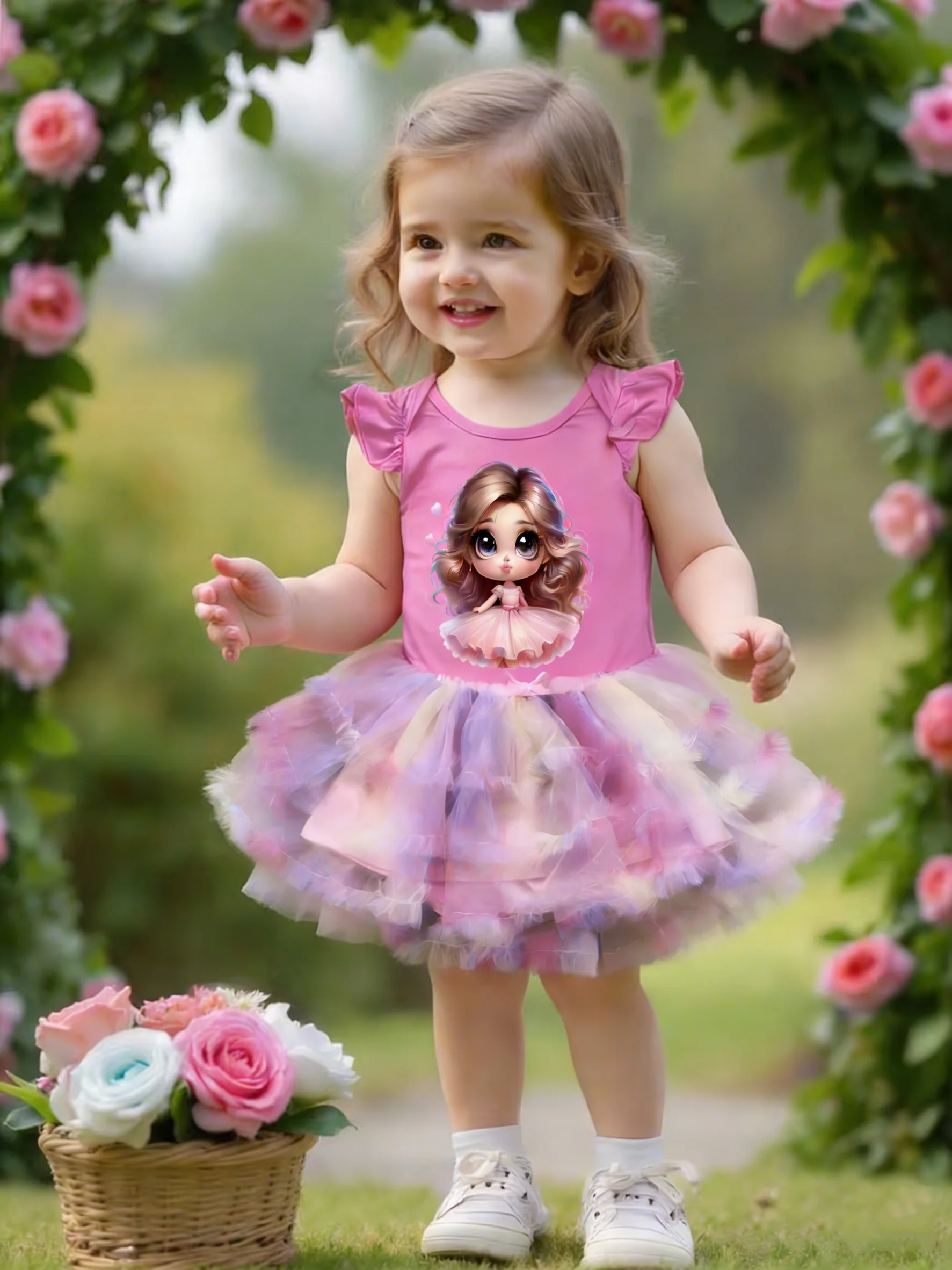 Baby Girl Pink Tee Pink Purple Tutu Skirt Set Cartoon Girl Print Ruffle Sleeve Sweet Style Summer Outfit
