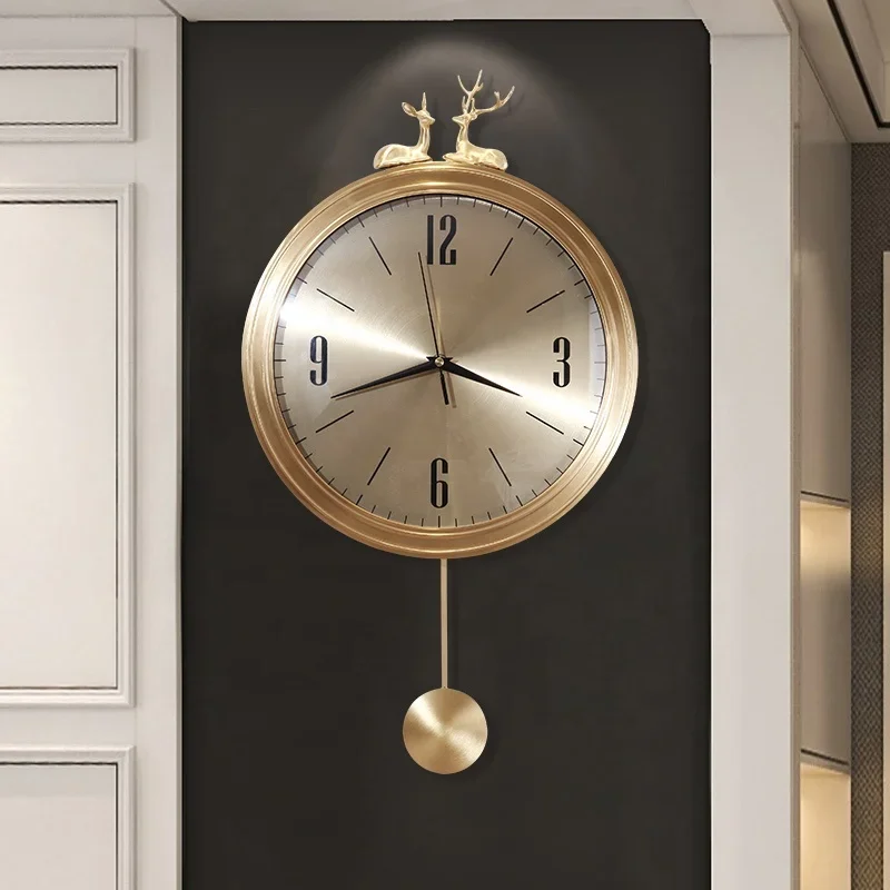 European Style Light Luxury Pure Copper Deer Head Wall Clock Retro Creative Silent Modern Pendulum Quartz Luxury Wall Clock