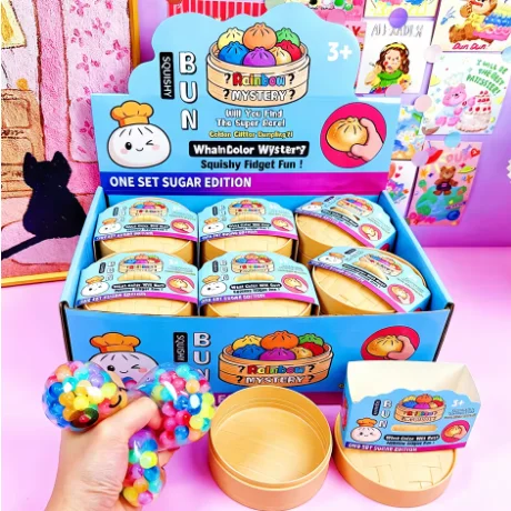Sugar Edition Rainbow Bead Dumpling Squishy Fidget Toy – Colorful Bead-Filled Squeeze Stress Relief Toy with Bamboo Steamer Case