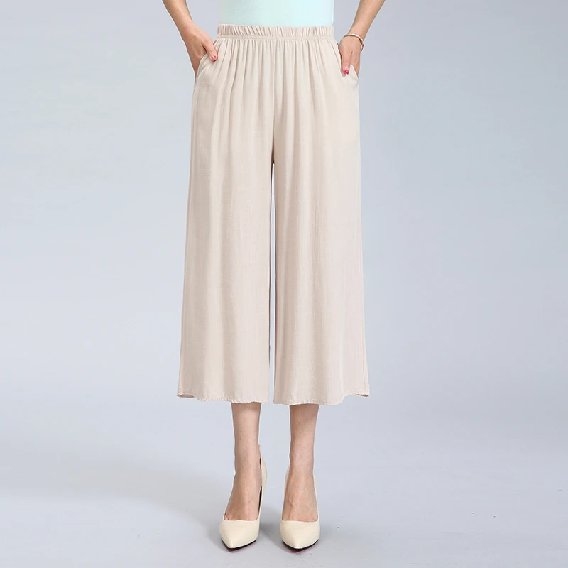 

Women's Wide Leg pants Casual Fashion Summer Linen High Waist Elastic Waist Loose Culotte Trousers Cropped Pants