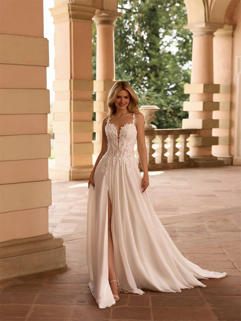 

Customized Graceful White Chiffon Wedding Dress Simple Sweetheart Sleeveless Bridal Gowns Boho A-Line Court Train Robe de mariée