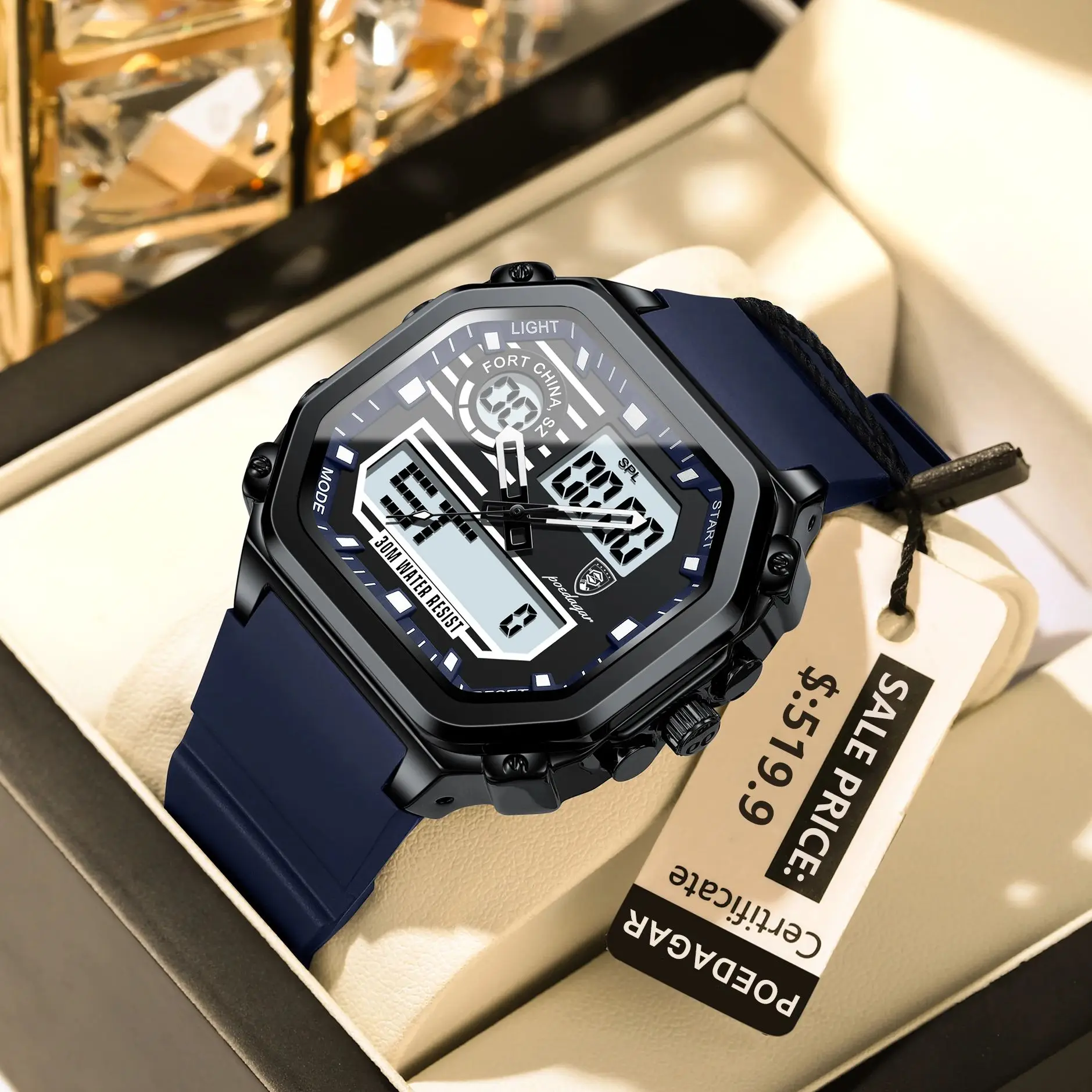 POEDAGAR LED Sport Men Clock Dual Time Display Digital Week Date Square Man Watch Electronic Silicone Strap Men's Quartz Watches