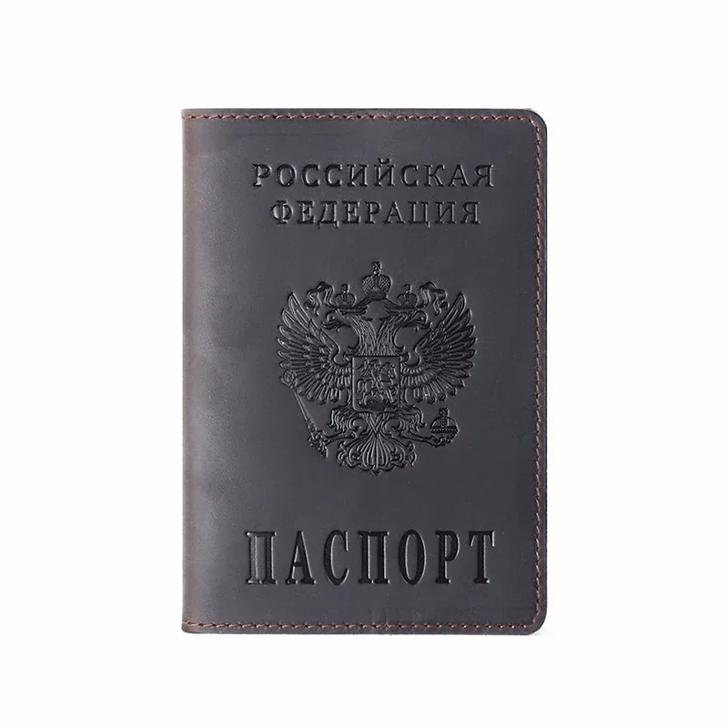 Genuine Leather Passport Cover Designed For Russian Federation Crazy Horse Leather Card Holder Business Bilingual Passport