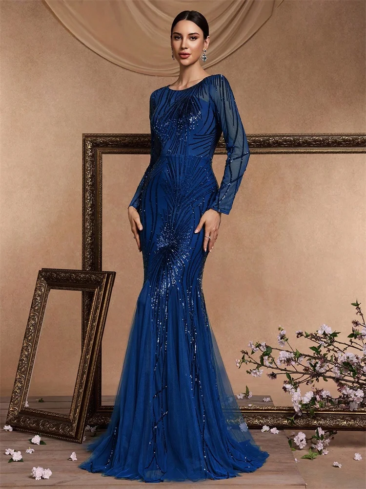 فساتين سهرة أنيقة بأكمام طويلة ترتر أزرق 2025 للنساء حورية البحر حفلة رسمية ماكسي فستان حفلة موسيقية كوكتيل فساتين التخرج