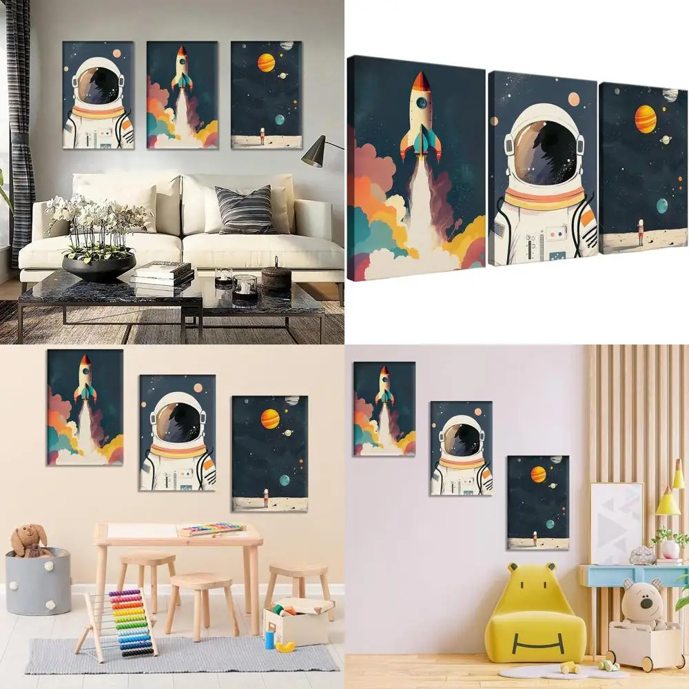 

Настенное искусство «Космические приключения» для детей: принты на холсте «Астронавт, ракетствор и галактика», идеально подходят для комнат мальчиков и девочек, в рамке