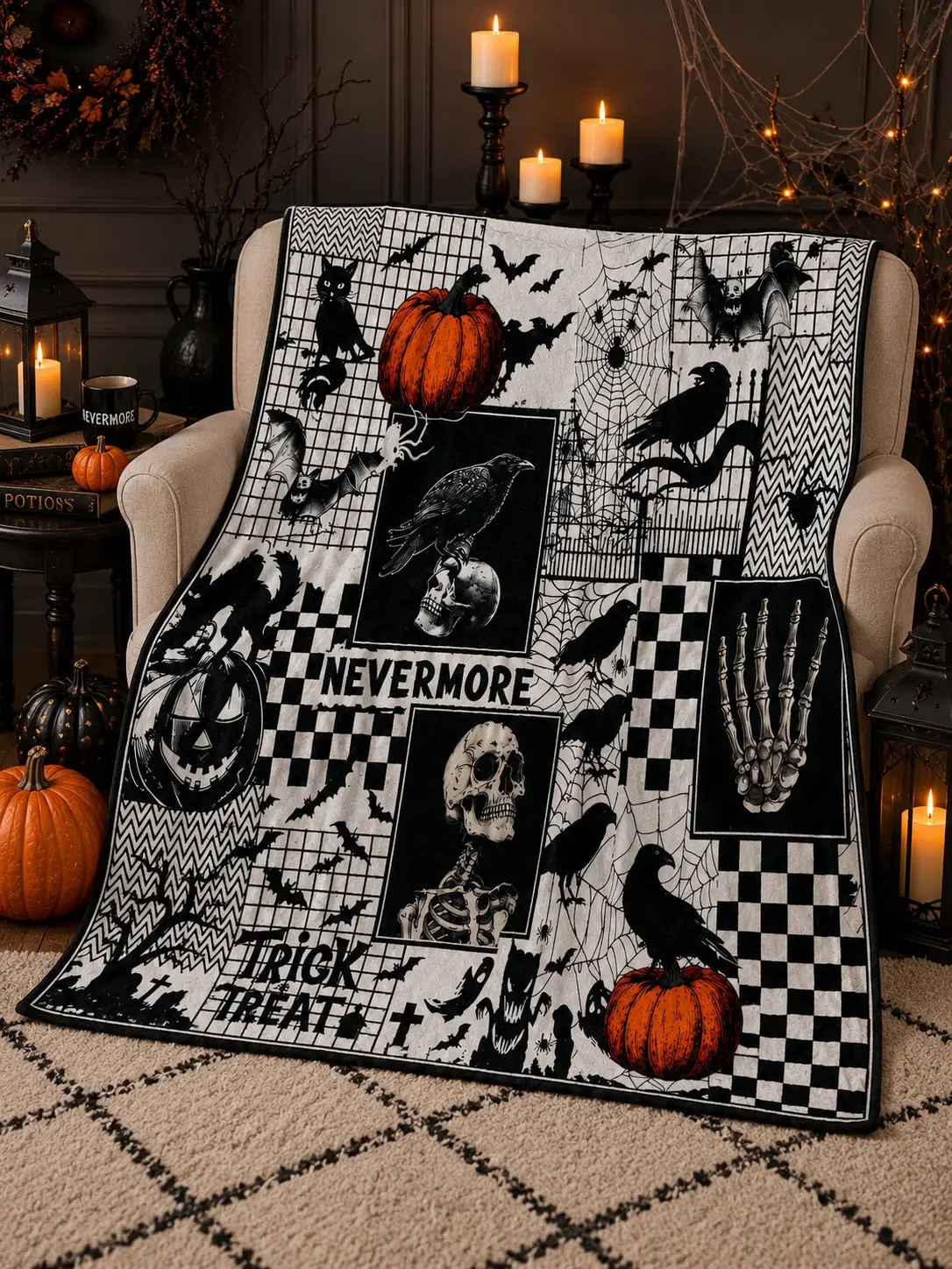 Halloween Flannel Blankets & Throws Raven Skull Pumpkin Gothic Decor Nevermore Sofa Throw Bed Blanket Living Room Bedroom Couch Office Travel Nap Home Decor Holiday Gift for Mom Dad Sister Brother Wife Husband Grandma Grandpa Friend Anniversary