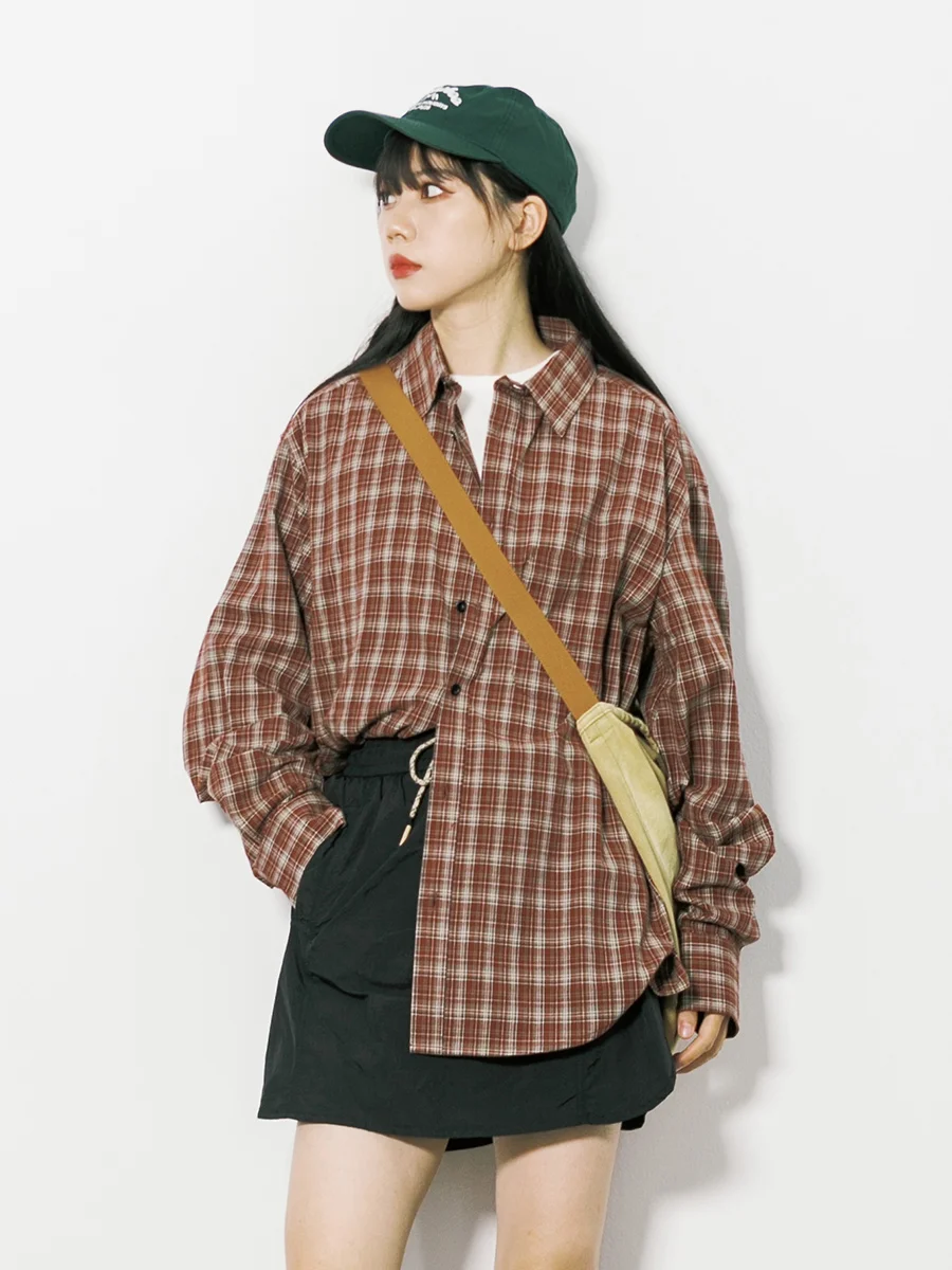 Street Style Loose Fit Long Sleeve Shirt for Women Plaid Pattern Casual Turn-down Collar Button up Cotton Spring Autumn Top