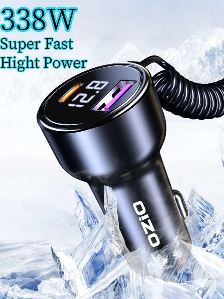 

338W Dual USB Ports Car Charger Super Fast Charging 3 in 1 Cable USB Type C Car Phone Charger for iPhone Samsung Xiaomi Huawei